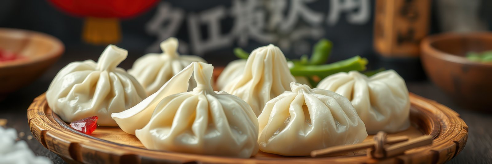 Delicious dumplings served on a traditional wooden platter at a bustling Asian eatery